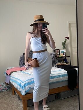 Helsa White Cotton Midi Dress, Removable Straps, S